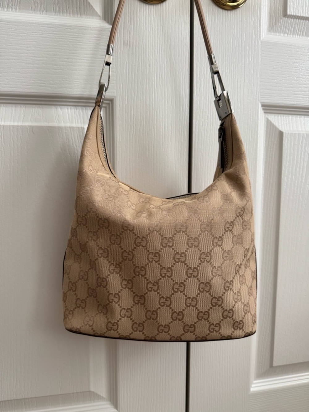 Gucci Beige Vintage Jackie Monogram  Shoulder Bag with Silver-Tone Hardware